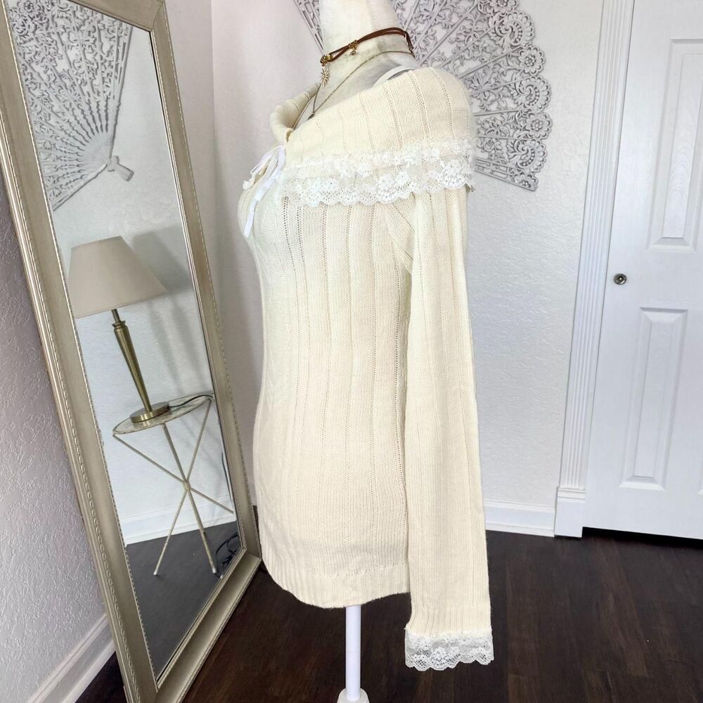 Kawaii Babe Cream Lace Trim Coquette Knit Off-Shoulder Mini Sweater / Dress M - Picture 6 of 8